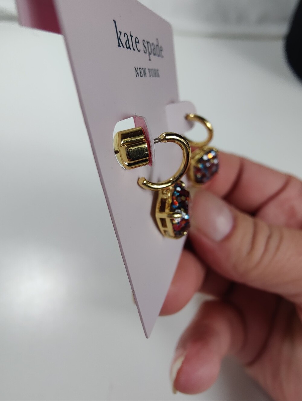 Kate Spade New York Multi Glitter Mini Square Huggie Earrings NWT Gold Tone - Picture 3 of 8